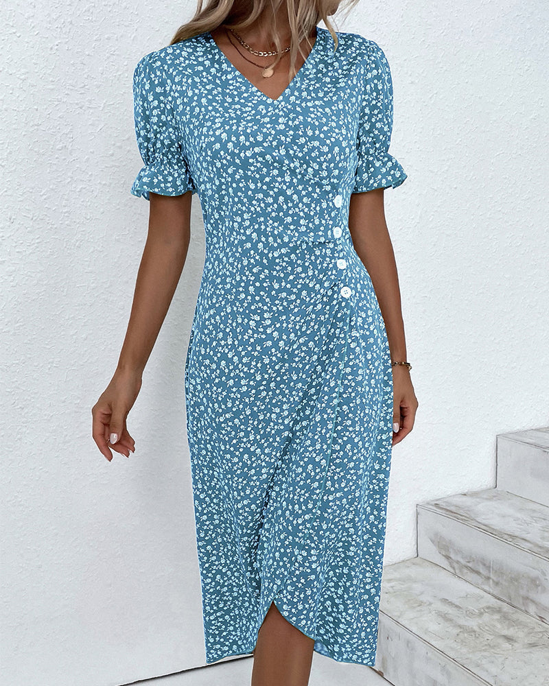 Elegantes Damen Kleid mit floralem Print, Leinenmischung, Puffärmel, vielseitig, für Alltag und Anlässe, stilvoll.