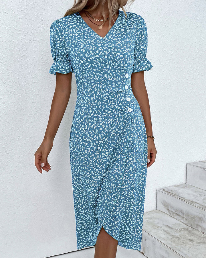 Elegantes Damen Kleid mit floralem Print, Leinenmischung, Puffärmel, vielseitig, für Alltag und Anlässe, stilvoll.