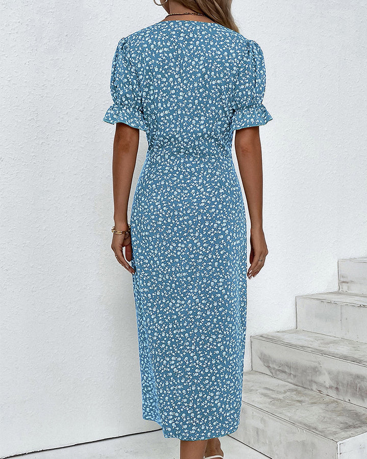Elegantes Damen Kleid mit floralem Print, Leinenmischung, Puffärmel, vielseitig, für Alltag und Anlässe, stilvoll.