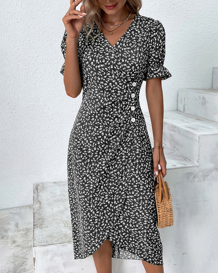 Elegantes Damen Kleid mit floralem Print, Leinenmischung, Puffärmel, vielseitig, für Alltag und Anlässe, stilvoll.