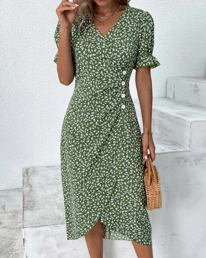 Elegantes Damen Kleid mit floralem Print, Leinenmischung, Puffärmel, vielseitig, für Alltag und Anlässe, stilvoll.