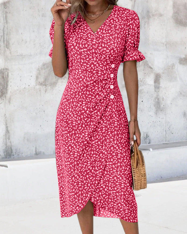 Elegantes Damen Kleid mit floralem Print, Leinenmischung, Puffärmel, vielseitig, für Alltag und Anlässe, stilvoll.