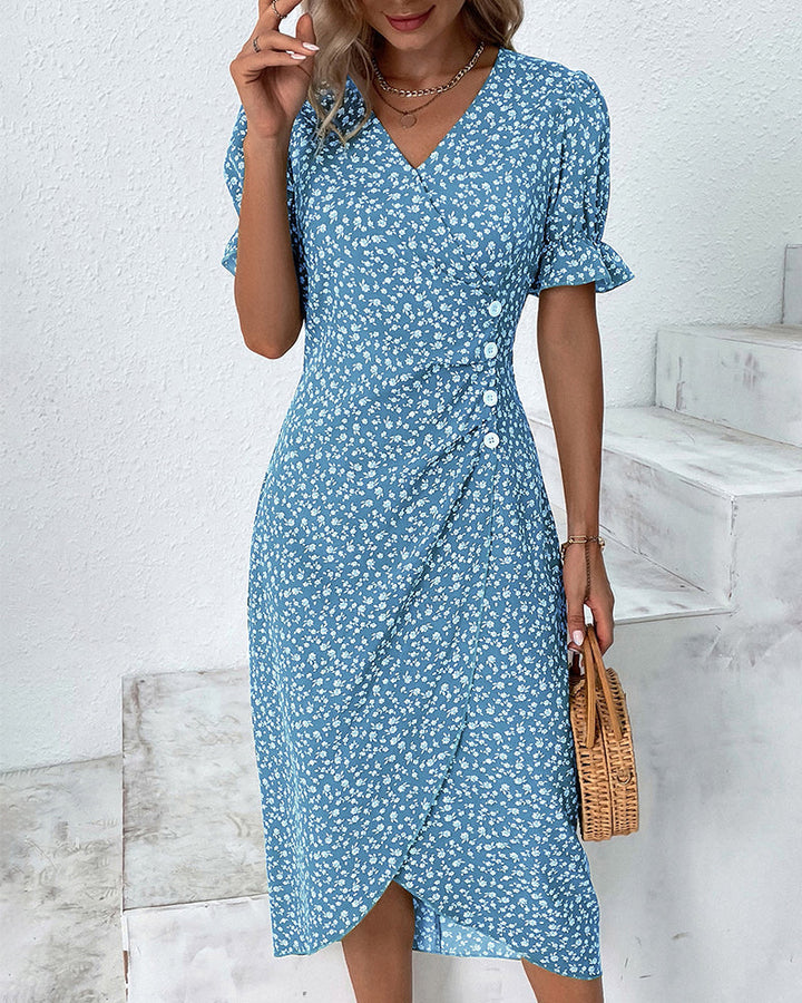 Elegantes Damen Kleid mit floralem Print, Leinenmischung, Puffärmel, vielseitig, für Alltag und Anlässe, stilvoll.