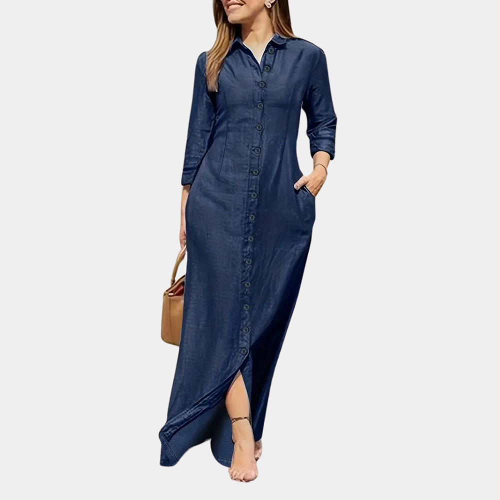 Elegantes Damen-Maxihemdkleid in Dunkelblau, klassische Passform, ideal für Strand und Abendveranstaltungen.