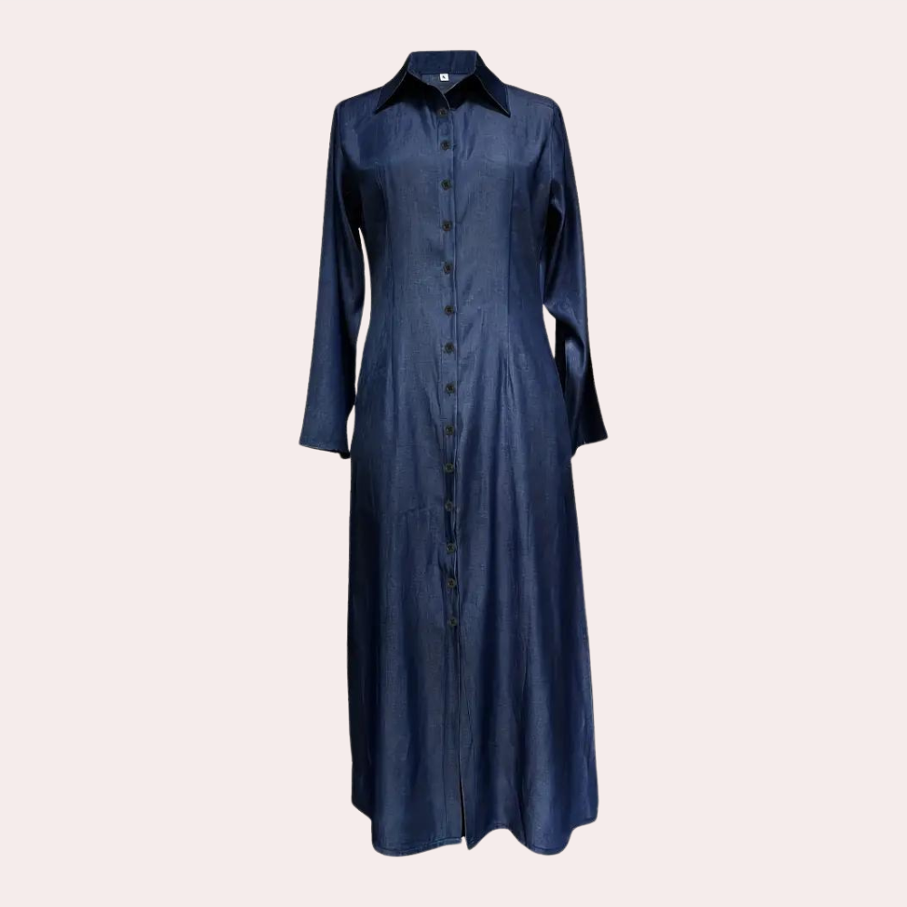 Elegantes Damen-Maxihemdkleid in Dunkelblau, klassische Passform, ideal für Strand und Abendveranstaltungen.
