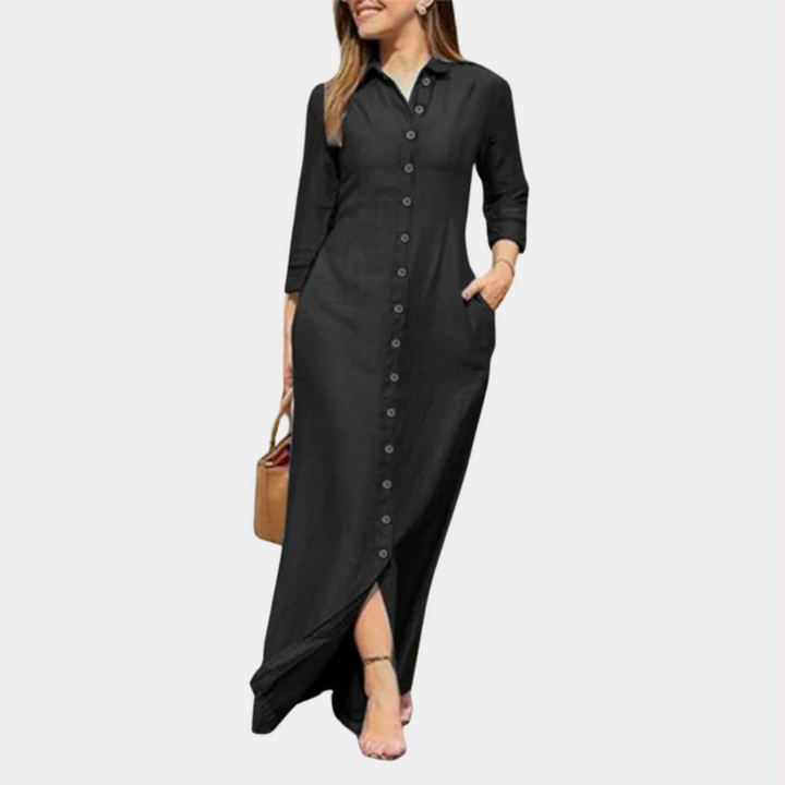 Elegantes Damen-Maxihemdkleid in Dunkelblau, klassische Passform, ideal für Strand und Abendveranstaltungen.