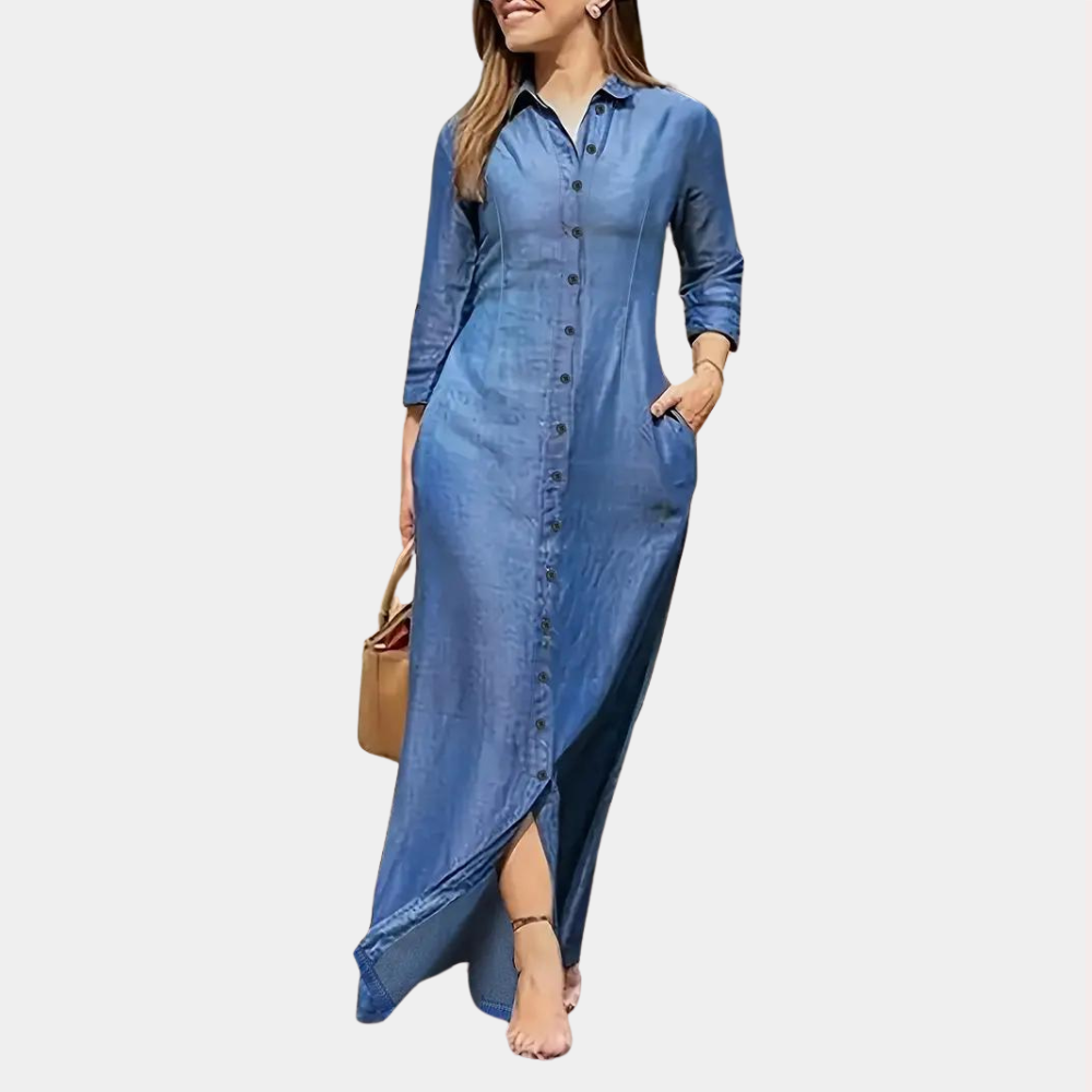Elegantes Damen-Maxihemdkleid in Dunkelblau, klassische Passform, ideal für Strand und Abendveranstaltungen.