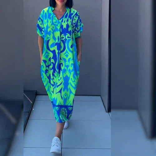 Elegantes Damen Maxikleid mit kunstvollem Print, fließende Silhouette, ideal für verschiedene Anlässe, komfortabel und stilvo
