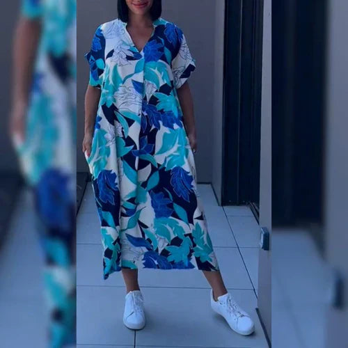 Elegantes Damen Maxikleid mit kunstvollem Print, fließende Silhouette, ideal für verschiedene Anlässe, komfortabel und stilvo