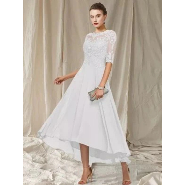 Elegantes Damen-Midi-Kleid mit 3/4-Ärmeln, schmeichelnde Silhouette, vielseitige Länge, perfekt für besondere Anlässe.