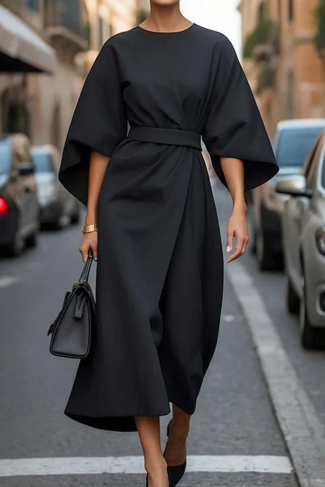 Elegantes Damen Midi-Kleid mit Laternenärmeln, figurbetont, klassische Linien, perfekt für stilvolle Anlässe.