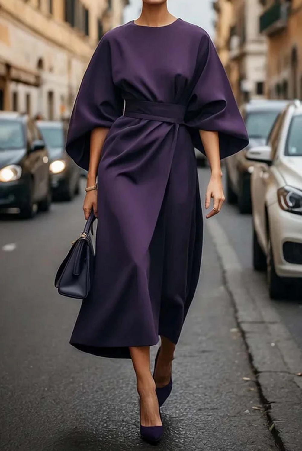 Elegantes Damen Midi-Kleid mit Laternenärmeln, figurbetont, klassische Linien, perfekt für stilvolle Anlässe.
