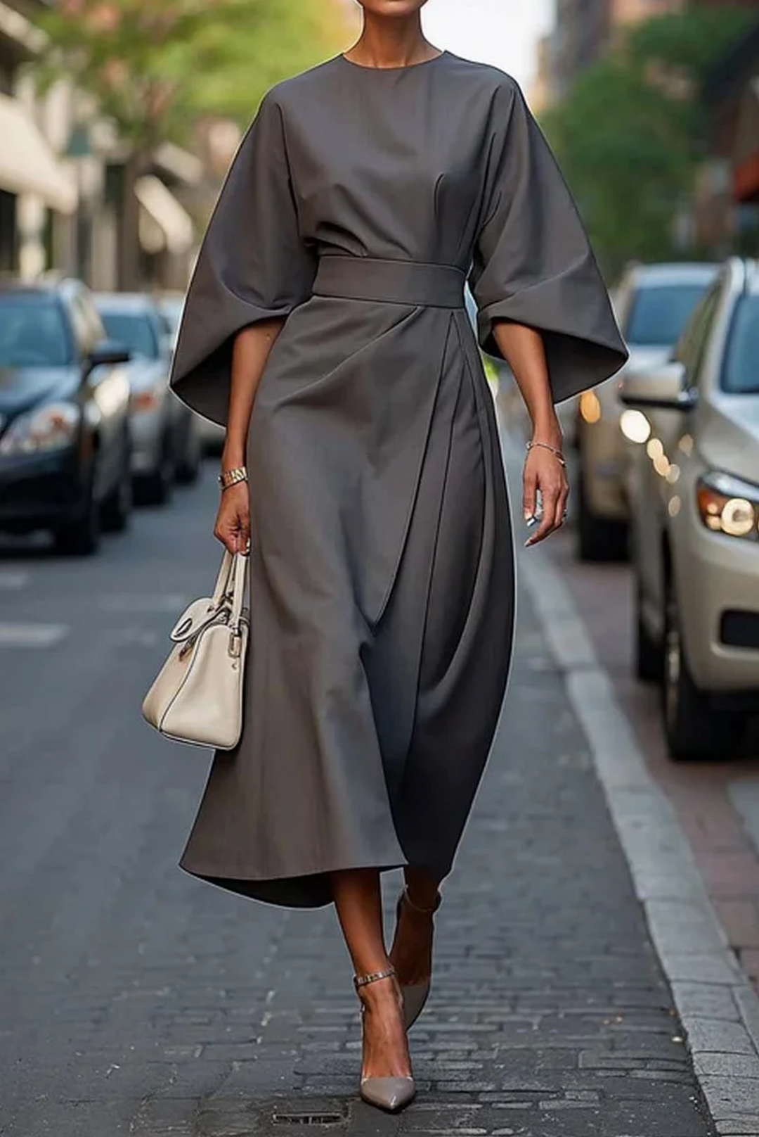 Elegantes Damen Midi-Kleid mit Laternenärmeln, figurbetont, klassische Linien, perfekt für stilvolle Anlässe.
