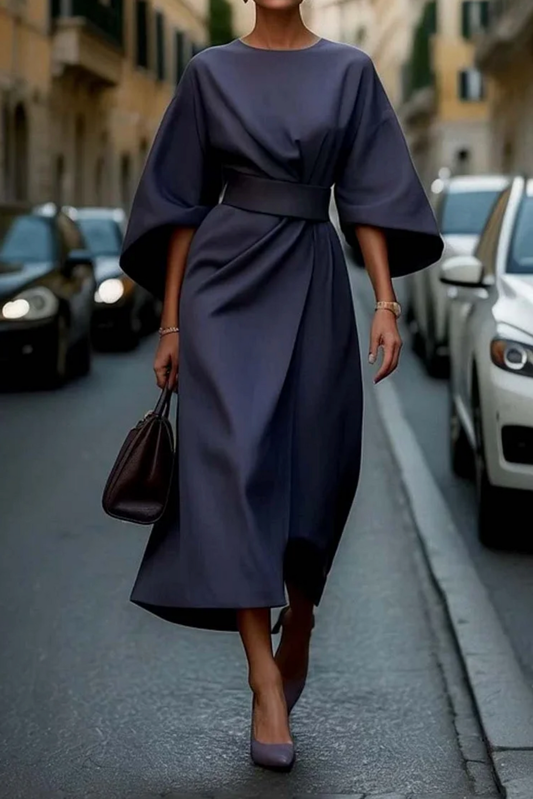 Elegantes Damen Midi-Kleid mit Laternenärmeln, figurbetont, klassische Linien, perfekt für stilvolle Anlässe.