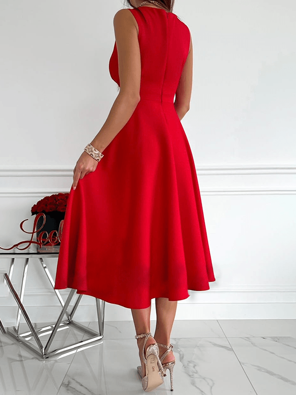 Elegantes Damen-Midi-Kleid mit V-Ausschnitt in Rot, ärmellos und fließend, ideal für Cocktailpartys und festliche Anlässe.