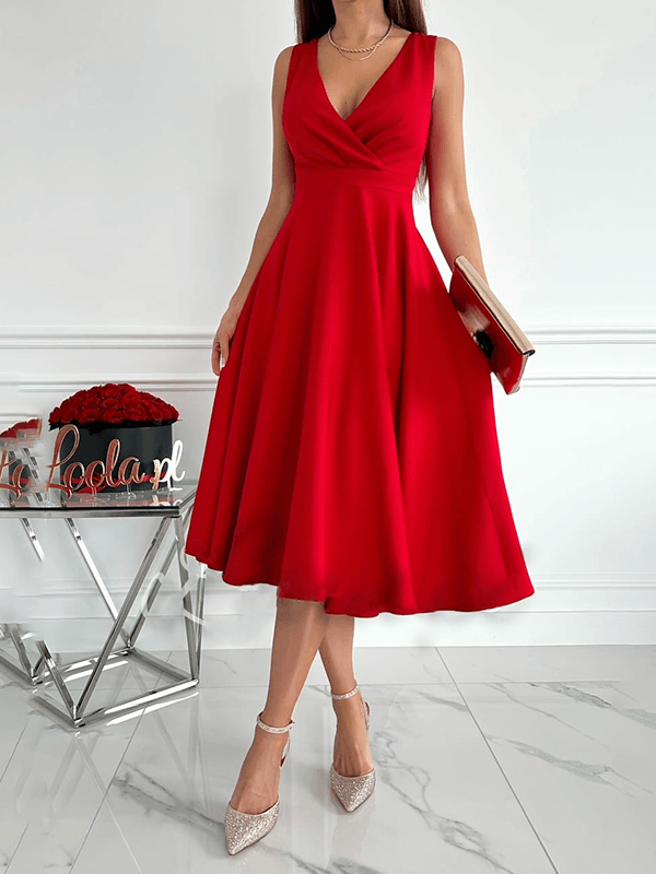 Elegantes Damen-Midi-Kleid mit V-Ausschnitt in Rot, ärmellos und fließend, ideal für Cocktailpartys und festliche Anlässe.