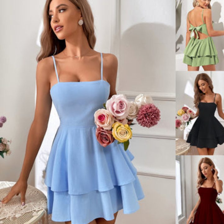 Elegantes Damen Mini-Kleid mit zarten Spaghettiträgern, geschichtetem Design und femininer Silhouette für besondere Anlässe.