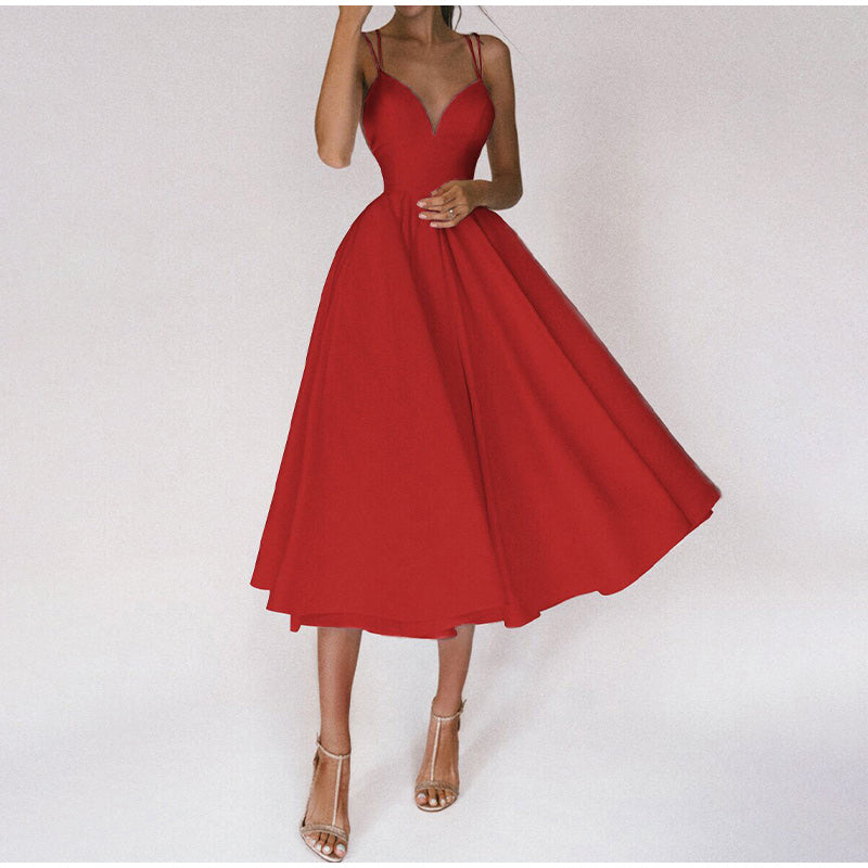 Elegantes Damen Partykleid mit V-Ausschnitt, Midi-Länge, in klassischem Design für Hochzeiten und formelle Anlässe.