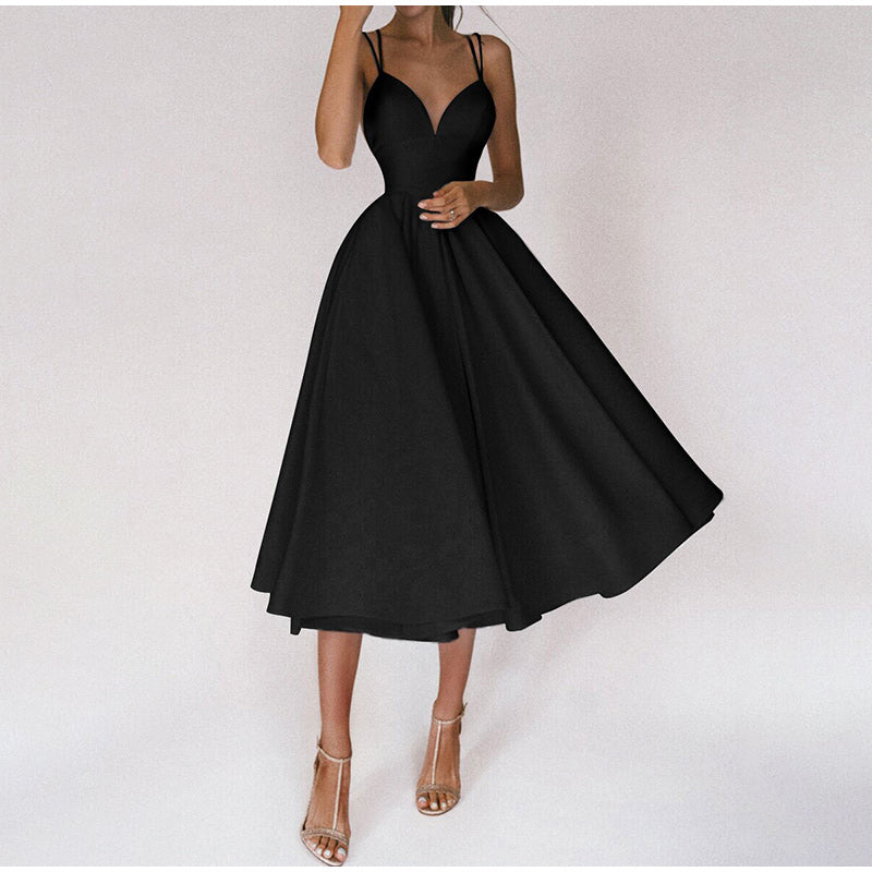 Elegantes Damen Partykleid mit V-Ausschnitt, Midi-Länge, in klassischem Design für Hochzeiten und formelle Anlässe.
