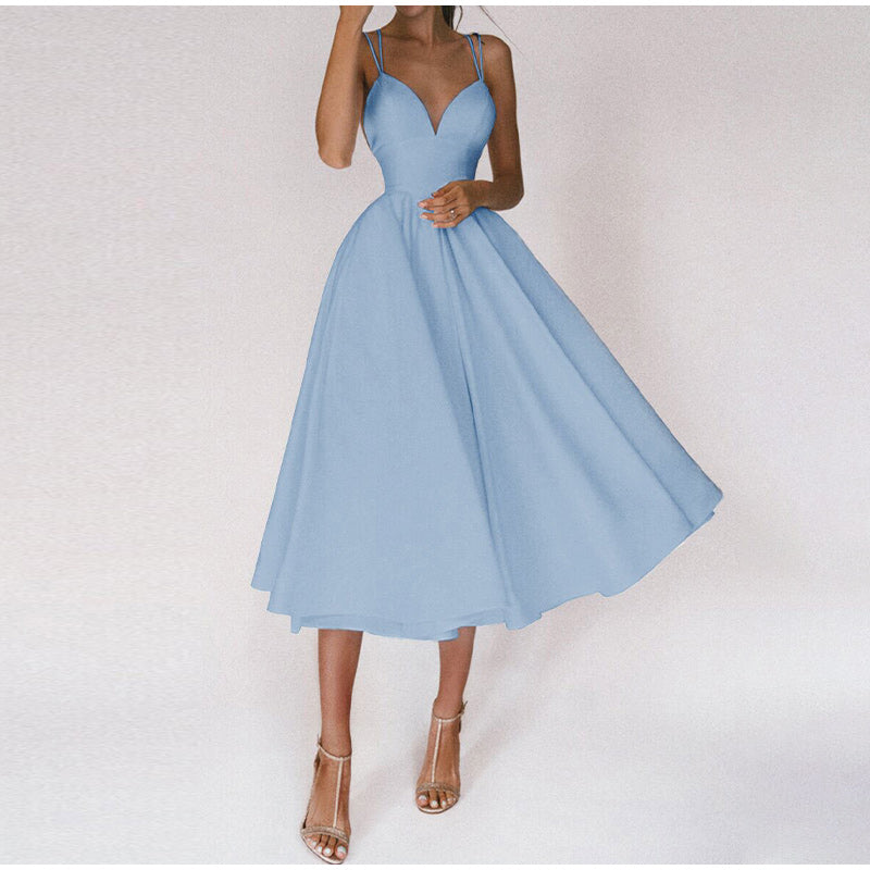 Elegantes Damen Partykleid mit V-Ausschnitt, Midi-Länge, in klassischem Design für Hochzeiten und formelle Anlässe.