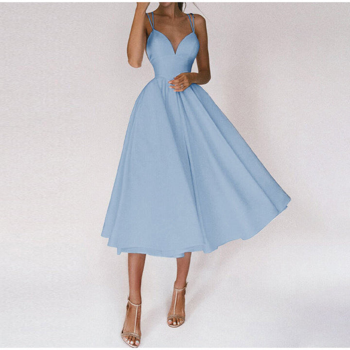 Elegantes Damen Partykleid mit V-Ausschnitt, Midi-Länge, in klassischem Design für Hochzeiten und formelle Anlässe.