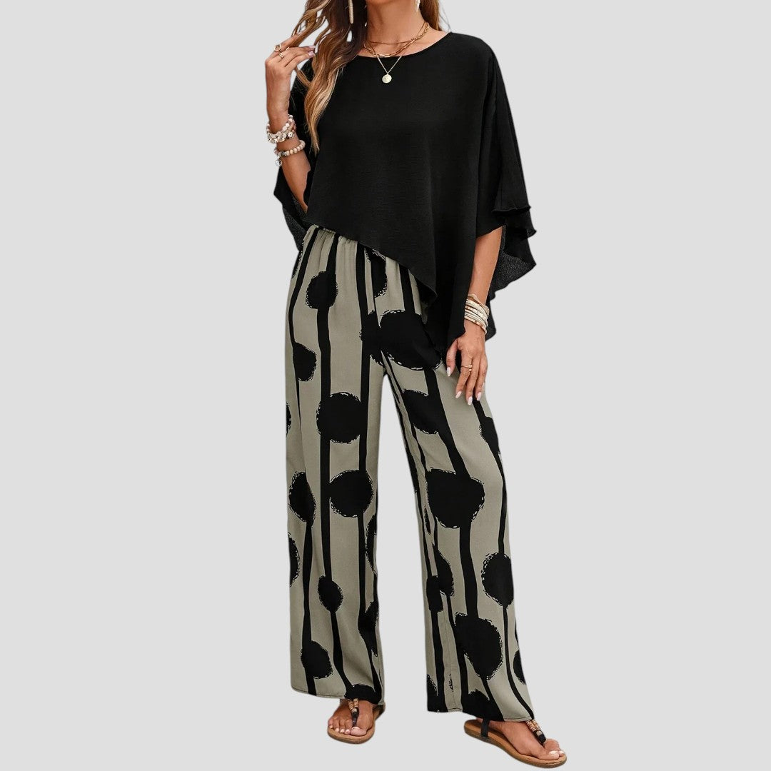 "Elegantes Damen-Set mit asymmetrischem Top und bedruckter Hose, modernes Muster, schmeichelhafter Schnitt, vielseitig tragba