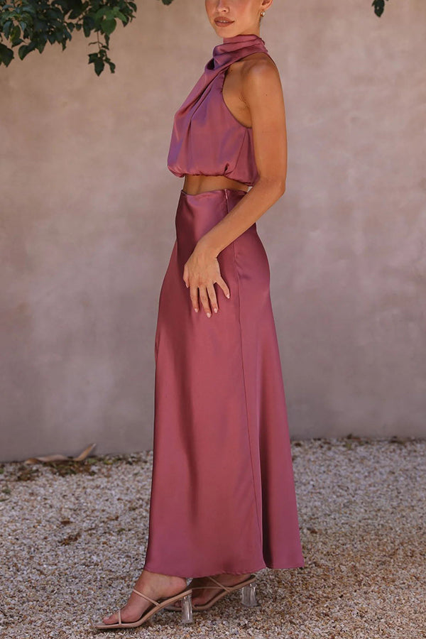 Elegantes Damen Set mit fließendem Maxirock und schickem Top in Cremeweiß für stilvolle Anlässe.