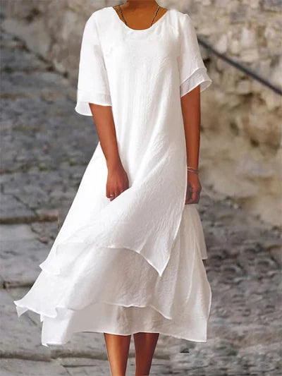 Elegantes Damen Sommerkleid aus Baumwolle und Leinen, leicht und atmungsaktiv, ideal für warme Tage und sommerliche Anlässe.