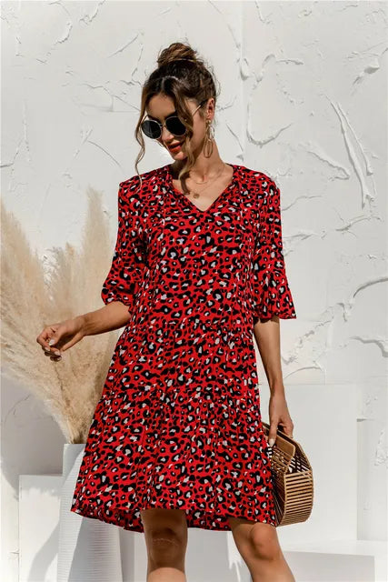 "Elegantes Damen Sommerkleid, Mini, tiefe Taille, fließende Silhouette, florales Design, kurzärmelig, V-Ausschnitt"