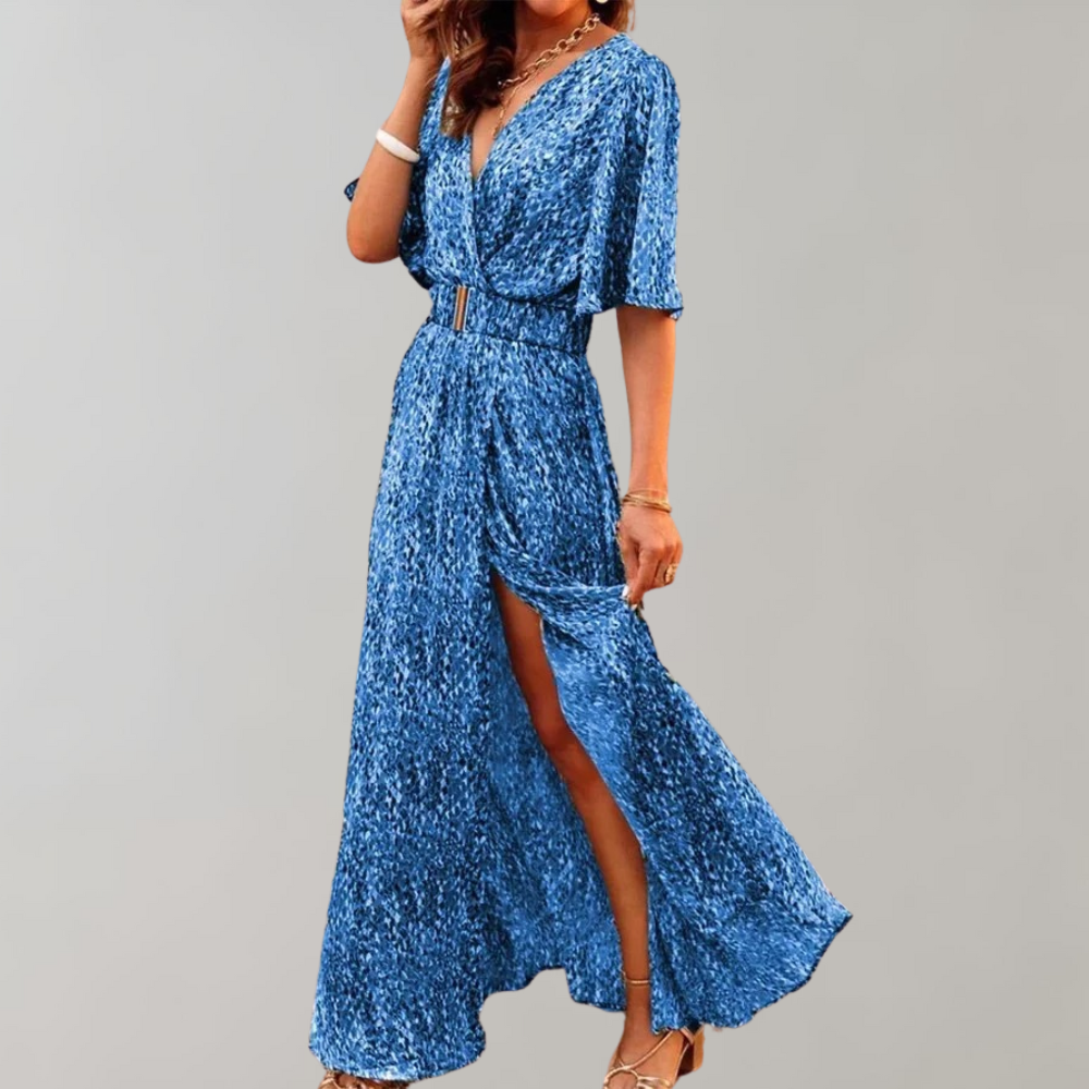 "Elegantes Damen-Sommerkleid mit Wickelausschnitt, fließende Silhouette in Grün für stilvolle Sommertage."