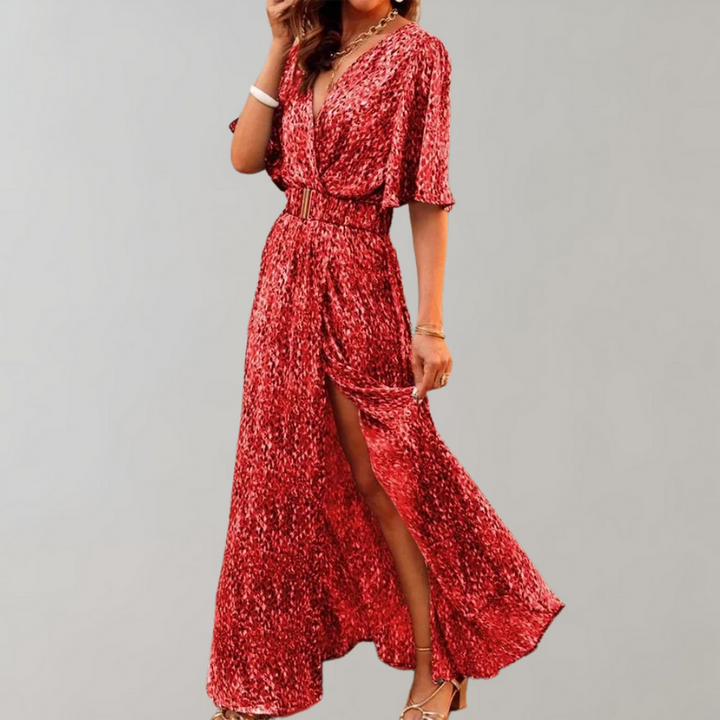"Elegantes Damen-Sommerkleid mit Wickelausschnitt, fließende Silhouette in Grün für stilvolle Sommertage."