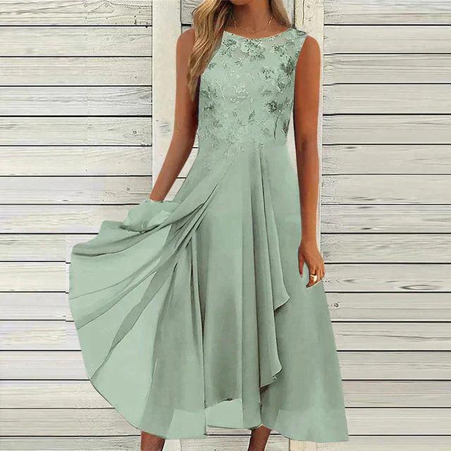 Elegantes Damen-Sommerkleid ohne Ärmel, luftig und stilvoll, ideal für Gartenpartys, aus hochwertigem Stoff.