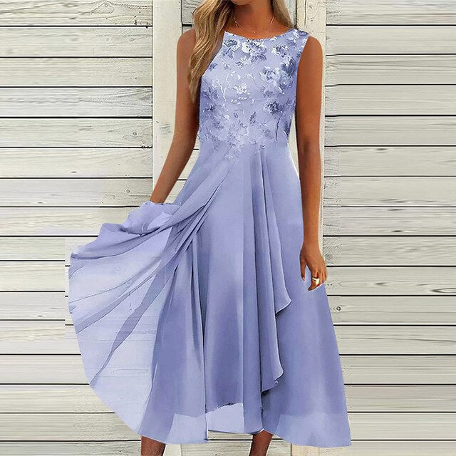 Elegantes Damen-Sommerkleid ohne Ärmel, luftig und stilvoll, ideal für Gartenpartys, aus hochwertigem Stoff.