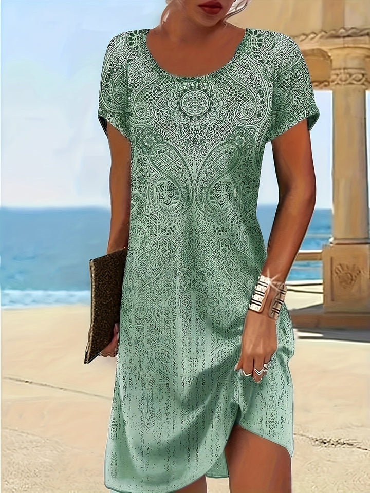 Elegantes Damen-Sommerkleid, Rundhalsausschnitt, kurze Ärmel, Mini, ideal für sonnige Tage, stilvoll und luftig.
