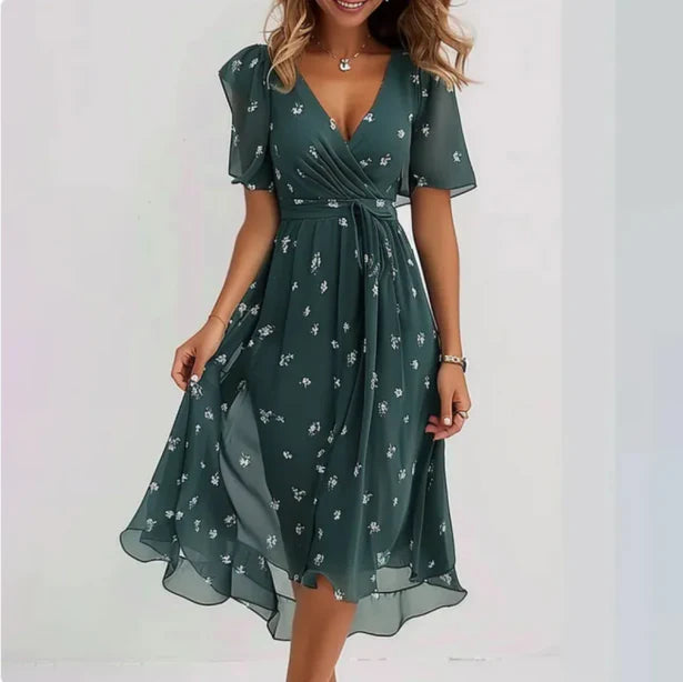 Elegantes Damen V-Ausschnitt Kleid, figurbetonte Silhouette, vielseitig für jeden Anlass und aus atmungsaktivem Material.