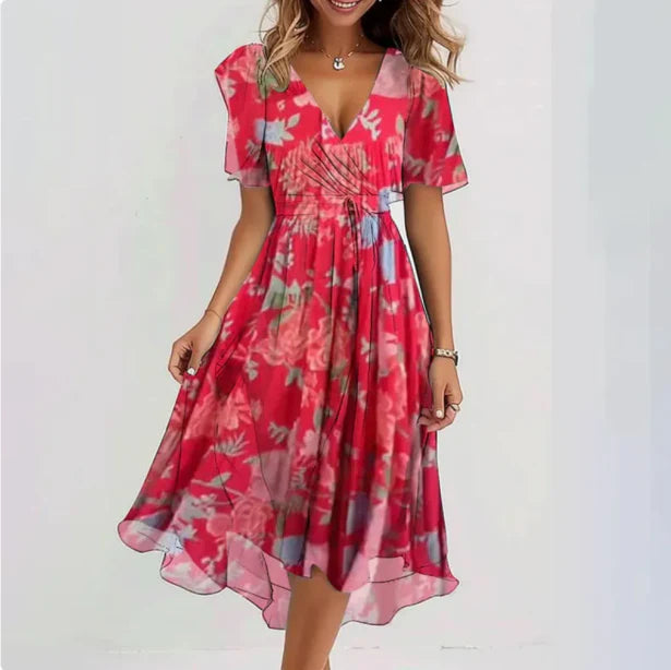 Elegantes Damen V-Ausschnitt Kleid, figurbetonte Silhouette, vielseitig für jeden Anlass und aus atmungsaktivem Material.