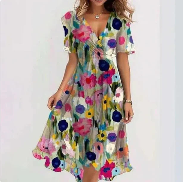 Elegantes Damen V-Ausschnitt Kleid, figurbetonte Silhouette, vielseitig für jeden Anlass und aus atmungsaktivem Material.