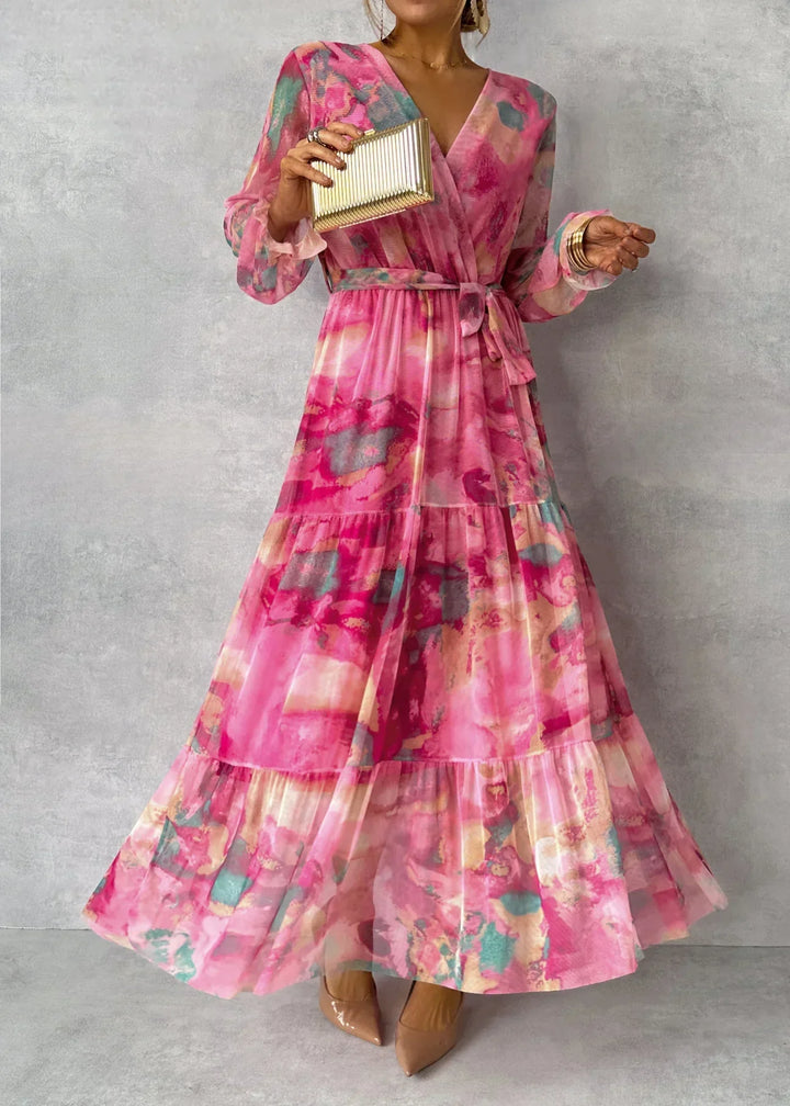 "Elegantes Damen Wickelkleid mit lebendigem Blumenmuster und langen Ärmeln, Maxi-Länge, perfekt für besondere Anlässe."