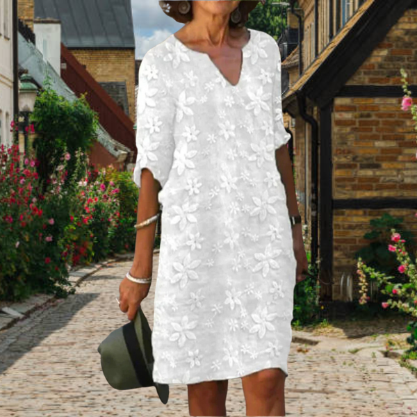 Elegantes Damenkleid mit 3D-Blumendesign, V-Ausschnitt und Halbarmen für stilvolle Anlässe und Komfort.
