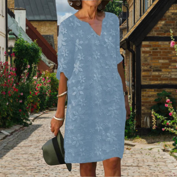 Elegantes Damenkleid mit 3D-Blumendesign, V-Ausschnitt und Halbarmen für stilvolle Anlässe und Komfort.