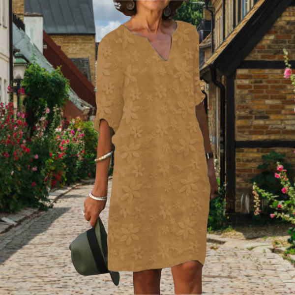 Elegantes Damenkleid mit 3D-Blumendesign, V-Ausschnitt und Halbarmen für stilvolle Anlässe und Komfort.