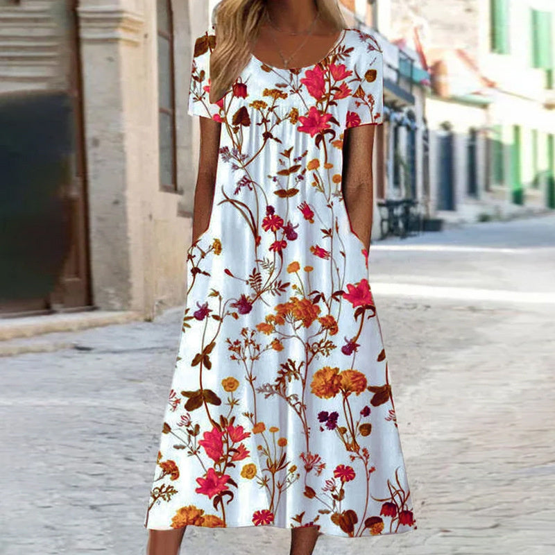 Elegantes Damenkleid mit lebendigem Blumenmuster und schmeichelhaftem Schnitt, ideal für formelle oder lässige Anlässe.