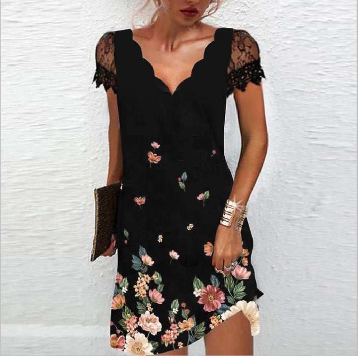 "Elegantes Damenkleid mit V-Ausschnitt, charmantes Blumenmuster, Mini-Länge, feminin, ideal für jeden Anlass."