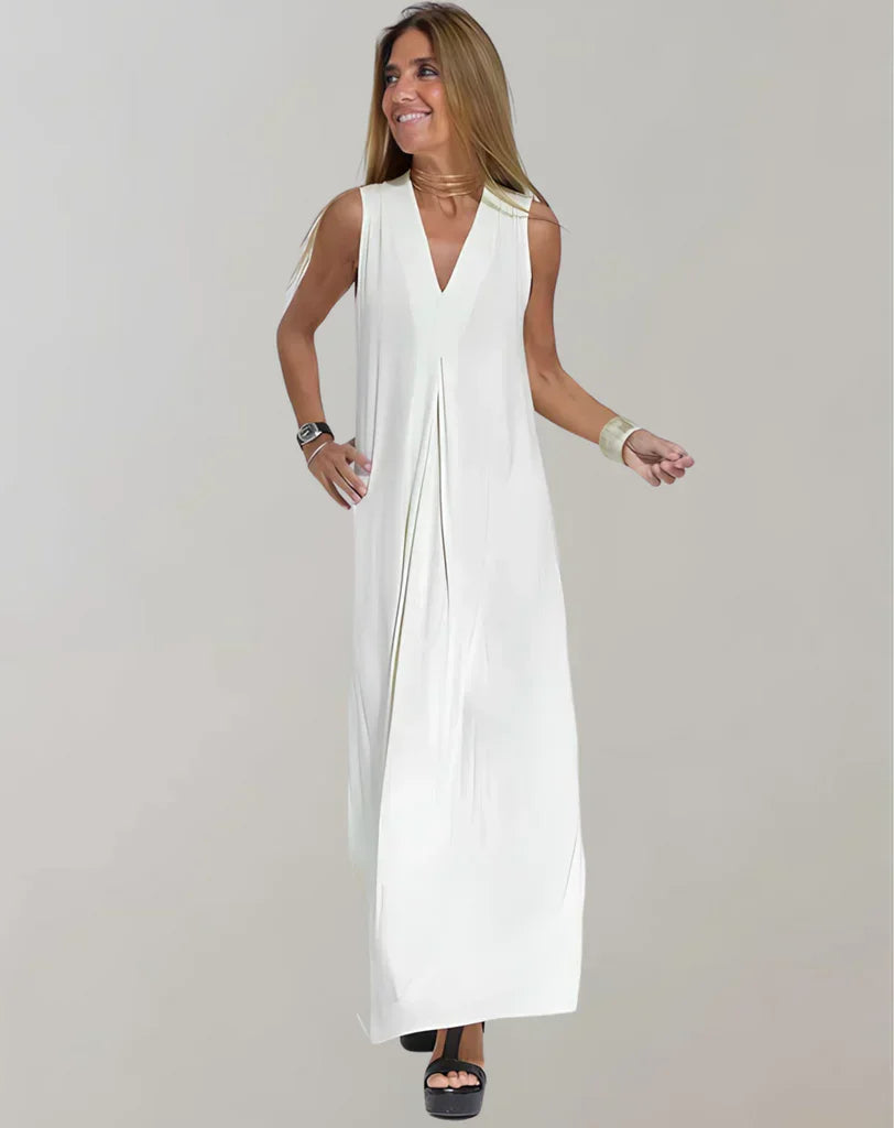 "Elegantes Damenkleid mit V-Ausschnitt, figurbetont, in Weiß, Schwarz, Braun und Grün, ideal für alle Jahreszeiten."