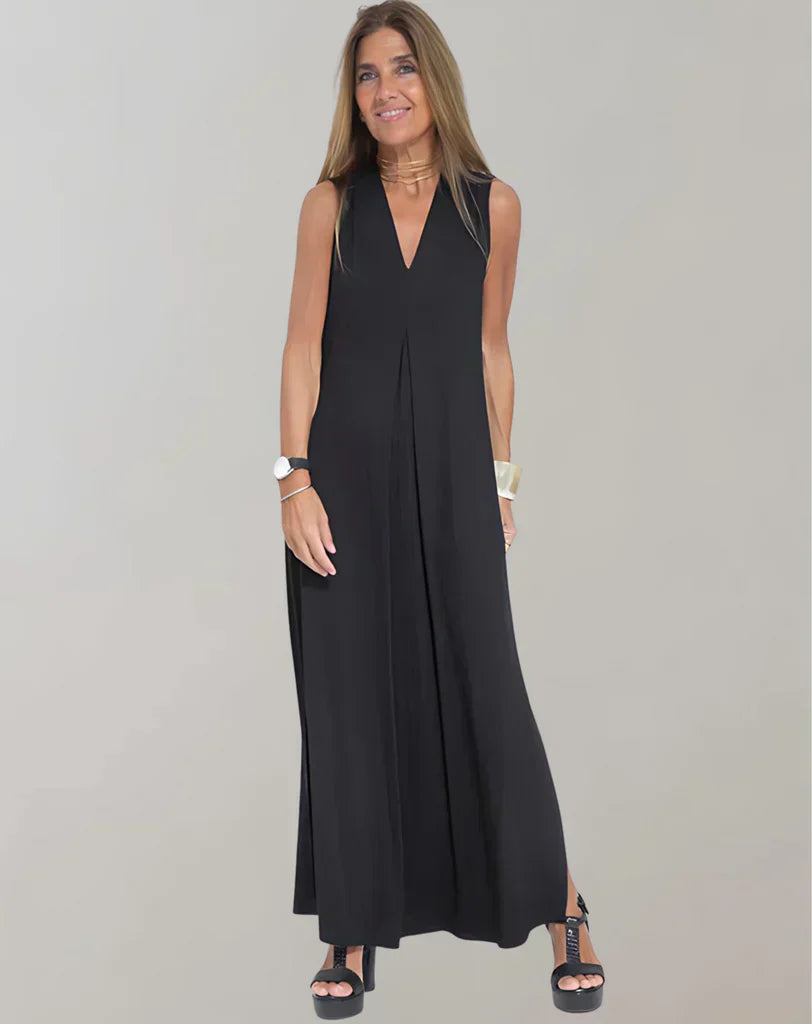 "Elegantes Damenkleid mit V-Ausschnitt, figurbetont, in Weiß, Schwarz, Braun und Grün, ideal für alle Jahreszeiten."