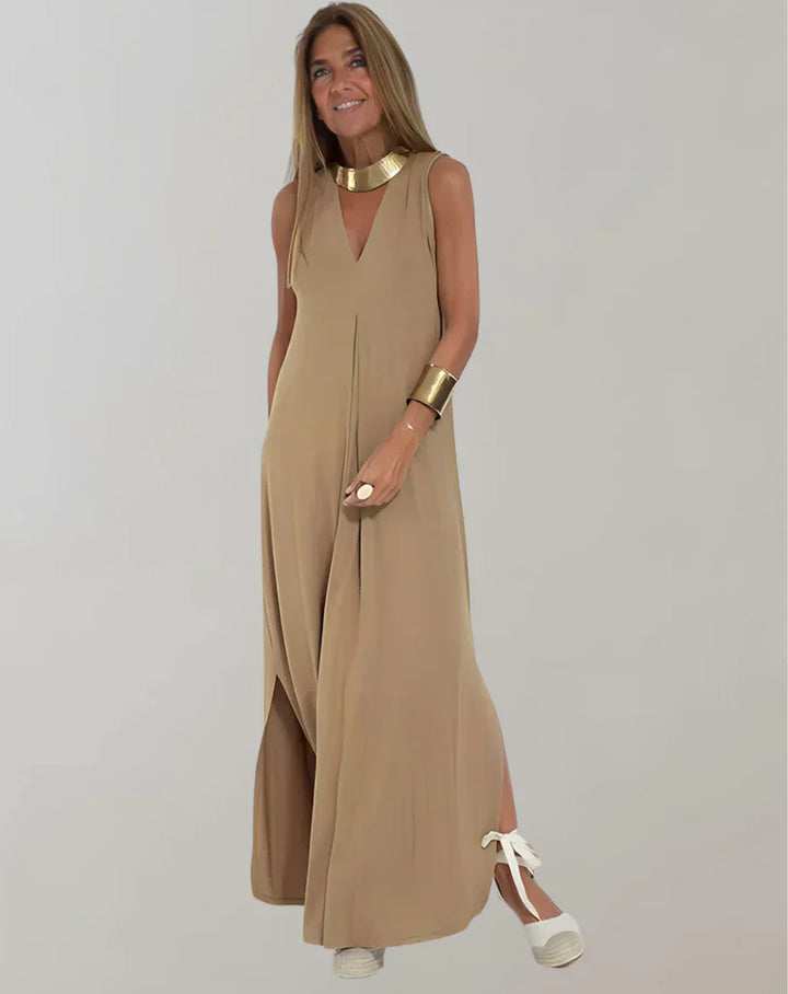 "Elegantes Damenkleid mit V-Ausschnitt, figurbetont, in Weiß, Schwarz, Braun und Grün, ideal für alle Jahreszeiten."