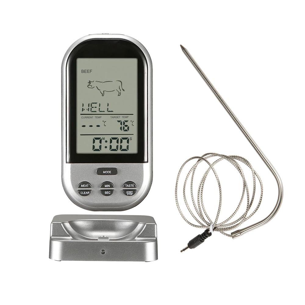 "Elegantes digitales kabelloses Ofenthermometer mit großem Bildschirm, Edelstahlsonde und Alarmfunktion, ideal zum Kochen."