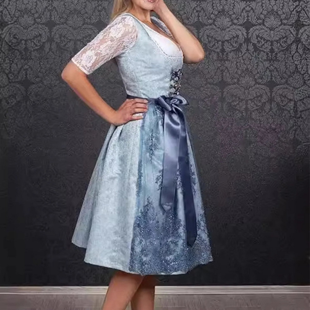 "Elegantes Dirndlkleid, ärmellos, für Damen. Perfekt für Oktoberfest, betont feminine Silhouette, Trachtenmode in Blau."