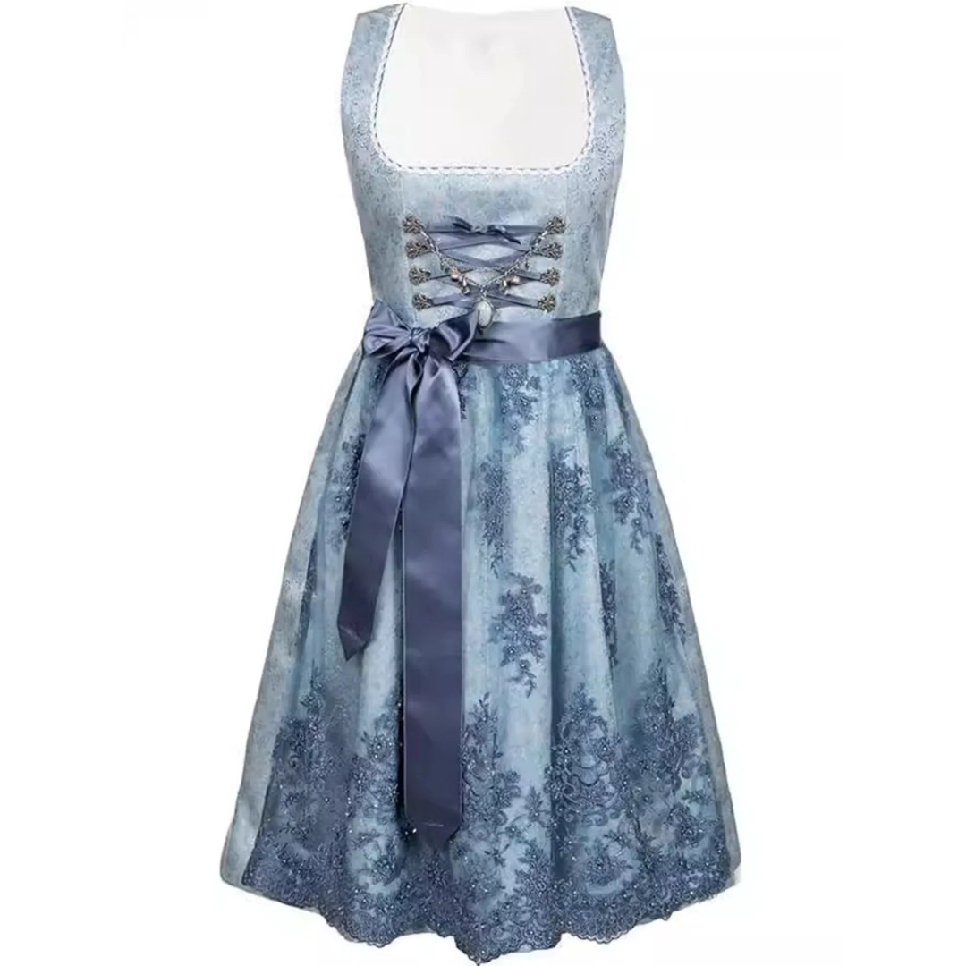 "Elegantes Dirndlkleid, ärmellos, für Damen. Perfekt für Oktoberfest, betont feminine Silhouette, Trachtenmode in Blau."