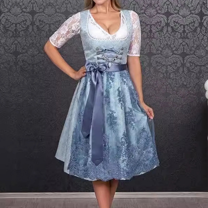 "Elegantes Dirndlkleid, ärmellos, für Damen. Perfekt für Oktoberfest, betont feminine Silhouette, Trachtenmode in Blau."